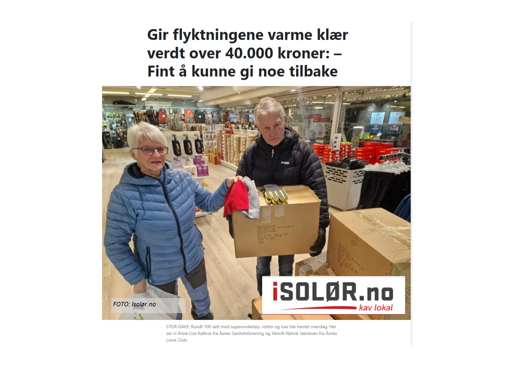 Åsnes Lions Club hjelper flyktningene